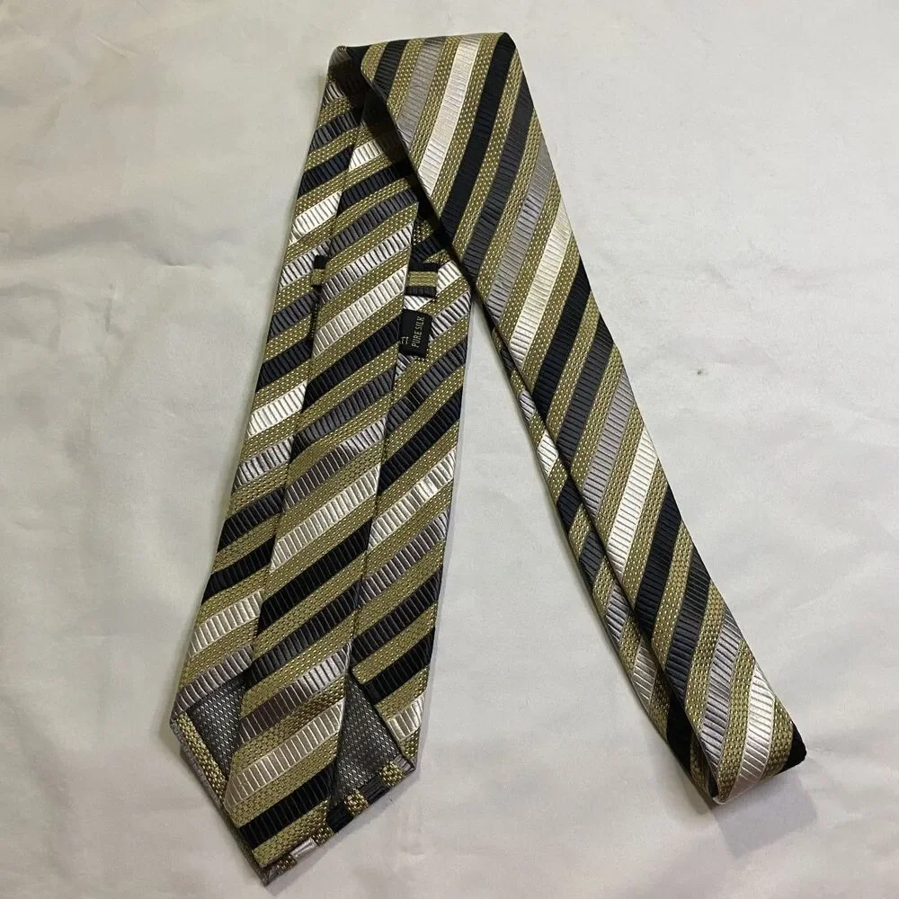 #7362 Valerio Garatu gold black cream striped silk necktie tie  4X60 IN